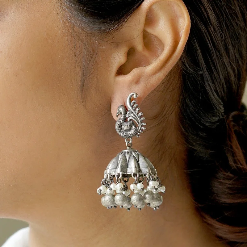 Classic hoop earrings with a thin profile for a sleek and subtle style-Teejh Hasini Peacock Silver Oxidised Earrings