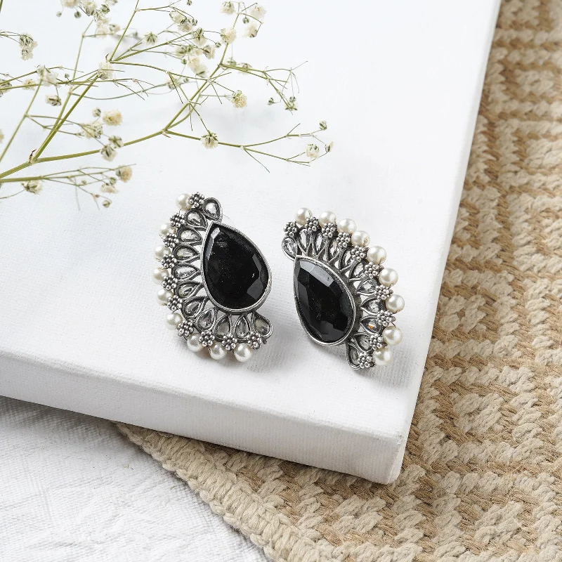 Hoop earrings with braided patterns for a detailed and textured finish-Teejh Mahir Black Silver Oxidised Earrings