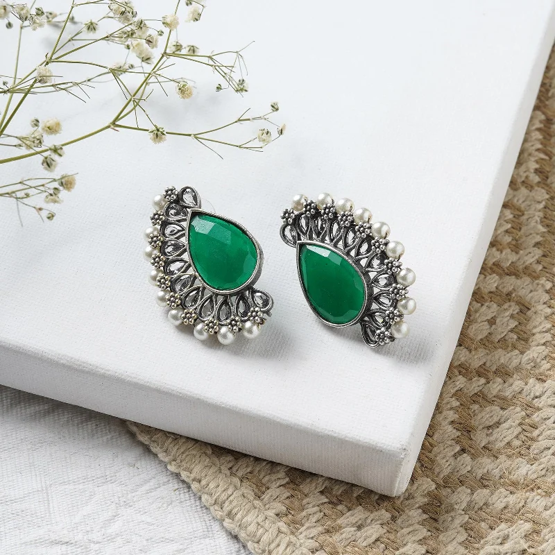 Hoop earrings with open designs for a modern, lighthearted vibe-Teejh Mahir Dark Green Silver Oxidised Earrings