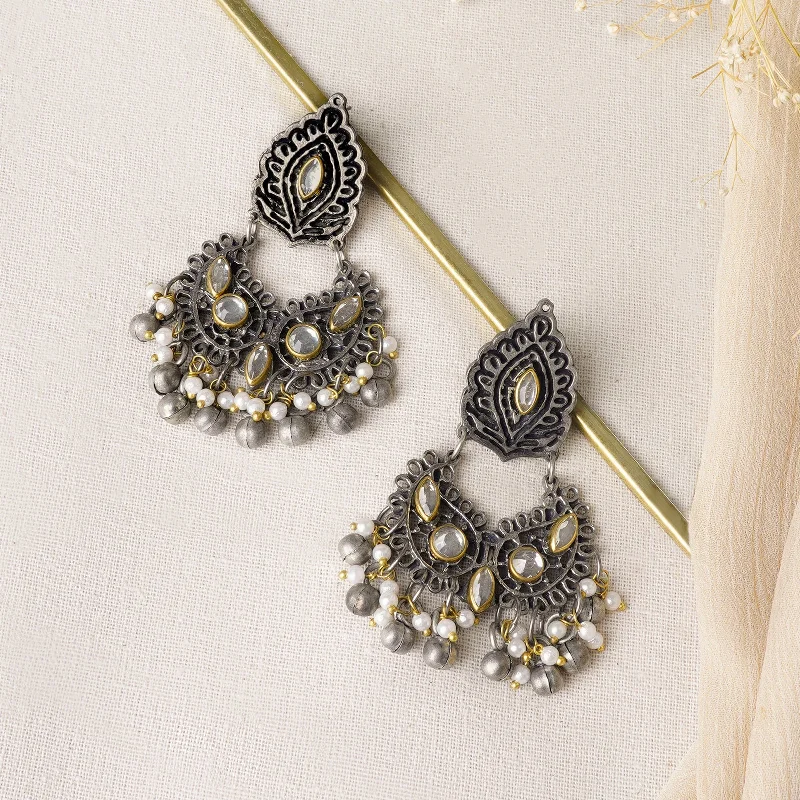 Hoop earrings with intricate designs for a unique and artistic appearance-Teejh Ruhsali Gold and Silver Oxidised Earring