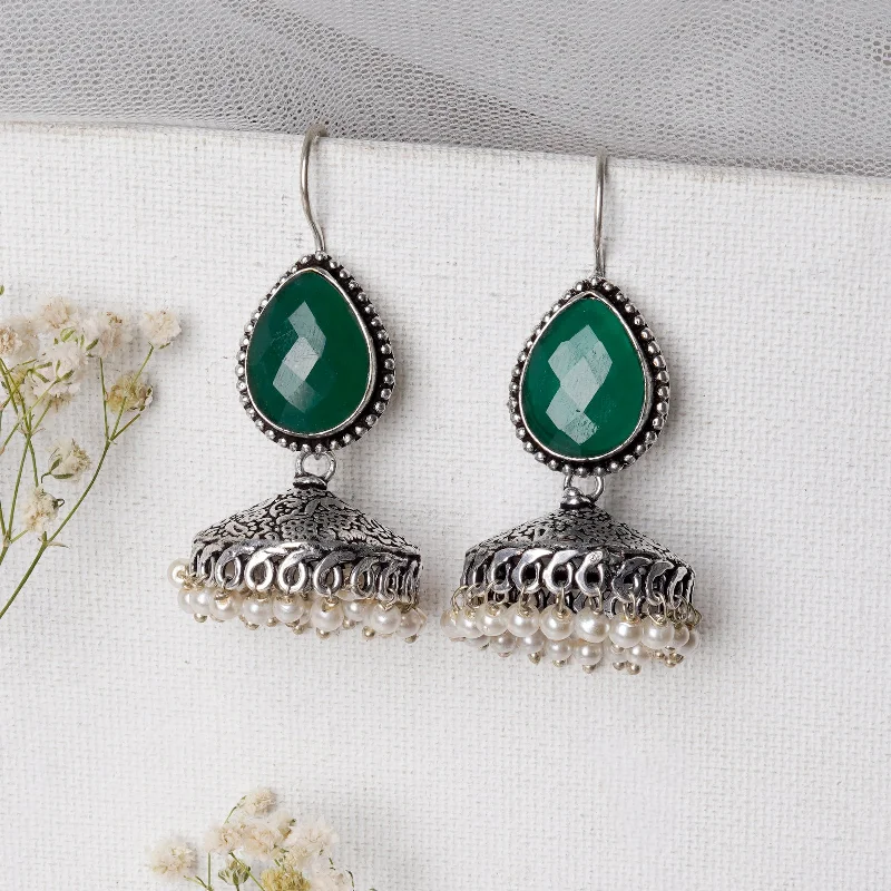 Hoop earrings with oversized pearl accents for a statement-making look-Teejh Sahasra Green Stone Silver Oxidised Earrings