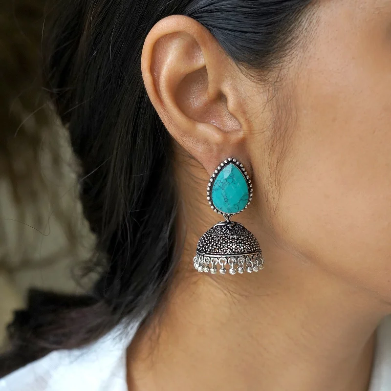 Best hoop earrings with infinity designs for a timeless and meaningful symbol-Teejh Shanya Turquoise Stone Silver Oxidised Earrings