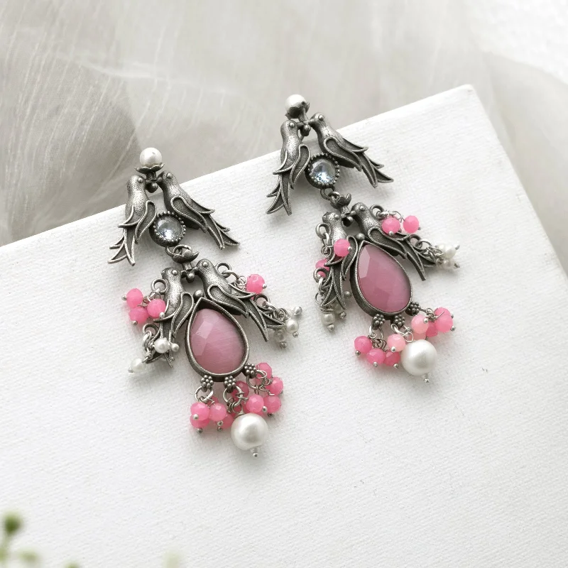 Hoop earrings with removable pendants for a versatile and customizable accessory-Teejh Shyala Pink and Silver Oxidised Earring