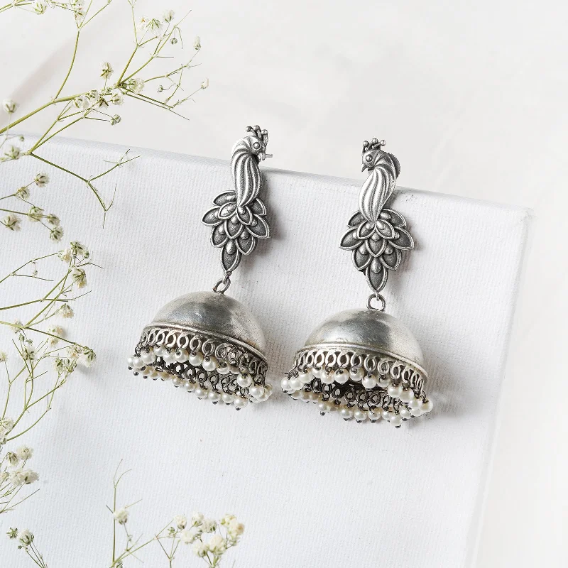 Hoop earrings with polished metal for a shiny and high-quality finish-Teejh Srilakshmi Peacock Silver Oxidised Earrings