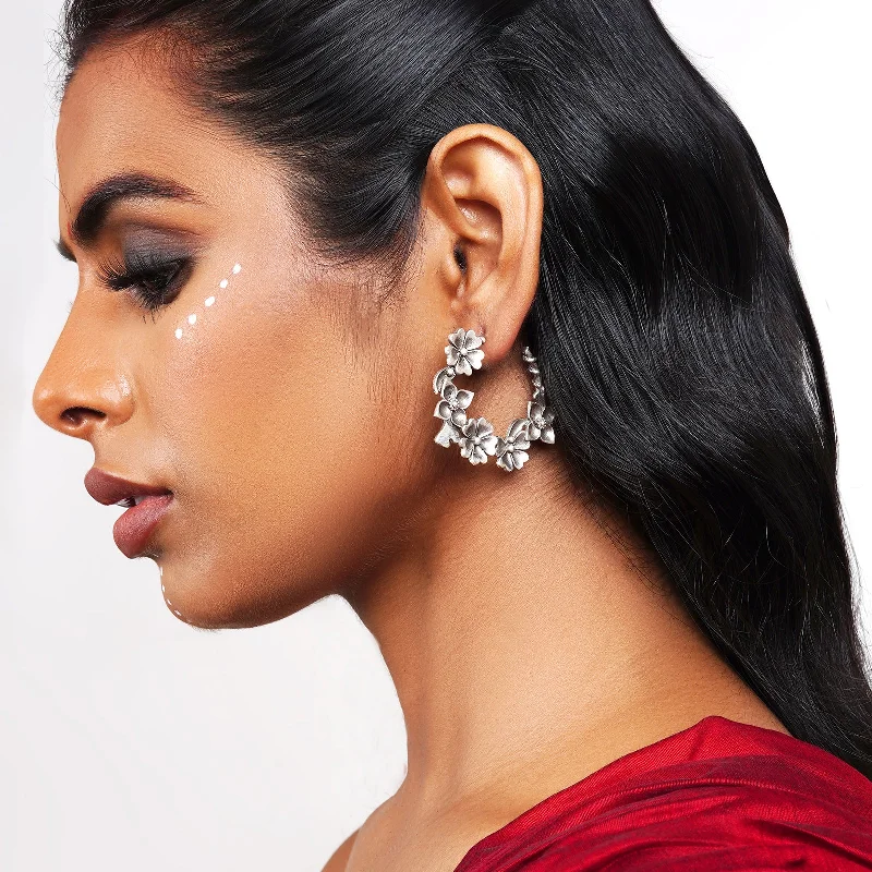 Best hoop earrings with delicate chain details for a trendy and stylish design-Teejh Taralika Silver Oxidised Floral Earrings