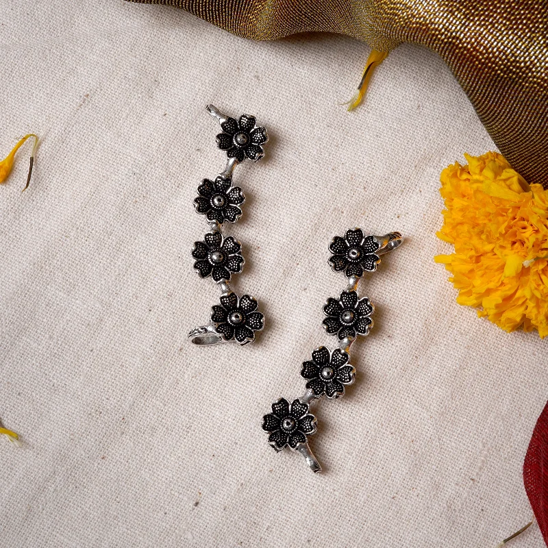 Hoop earrings with hammered copper for a warm and rustic aesthetic-Teejh Vani Silver Oxidised Floral Earcuffs