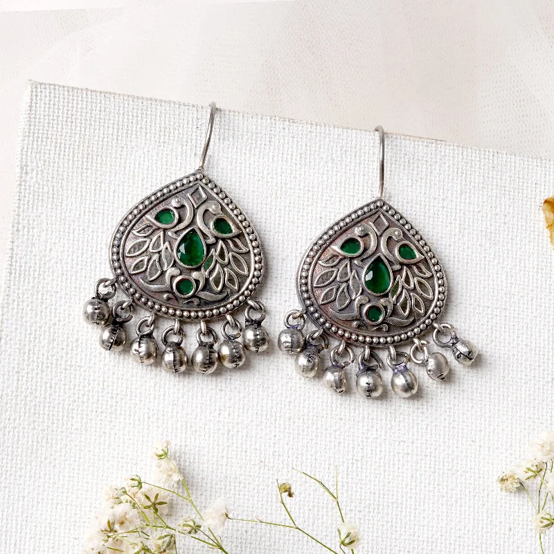 Lightweight hoop earrings for comfortable and all-day wear-Teejh Vanya Silver Oxidised Green Earrings