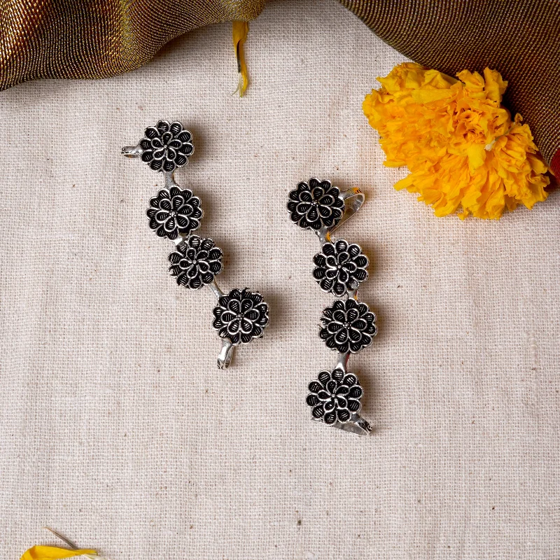 Best hoop earrings with detachable studs for a versatile and adjustable accessory-Teejh Vedika Silver Oxidised Floral Earcuffs