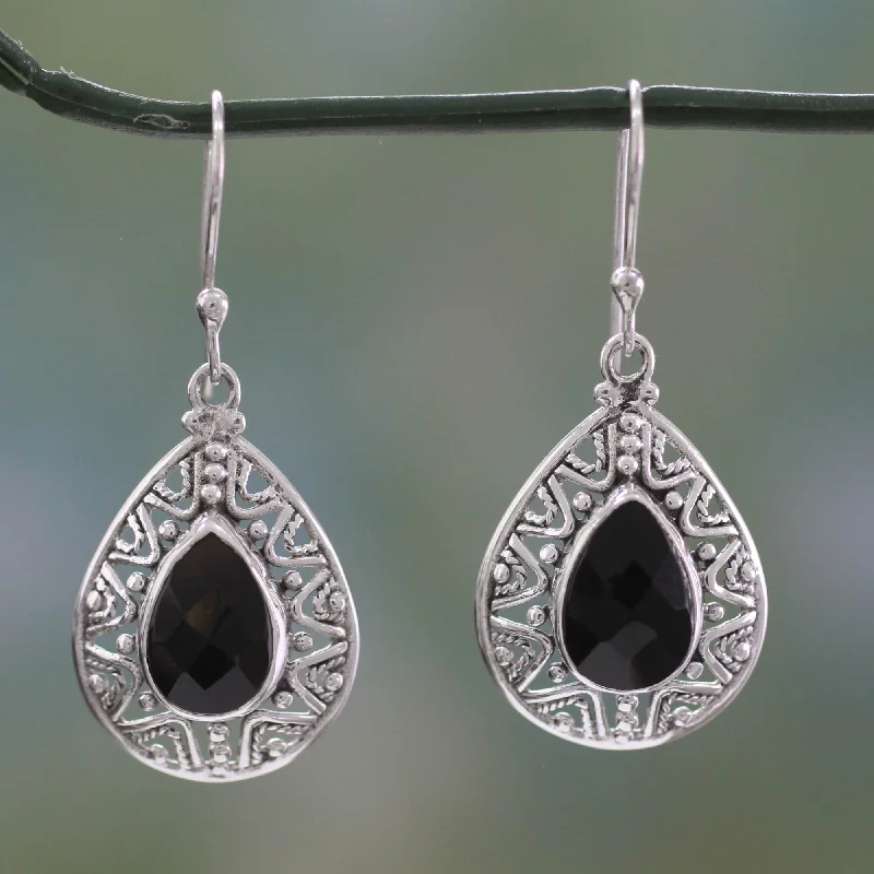 Best hoop earrings with geometric pendants for a modern, chic appeal-Timeless Ganges Fair Trade Onyx and Sterling Silver Hook Earrings