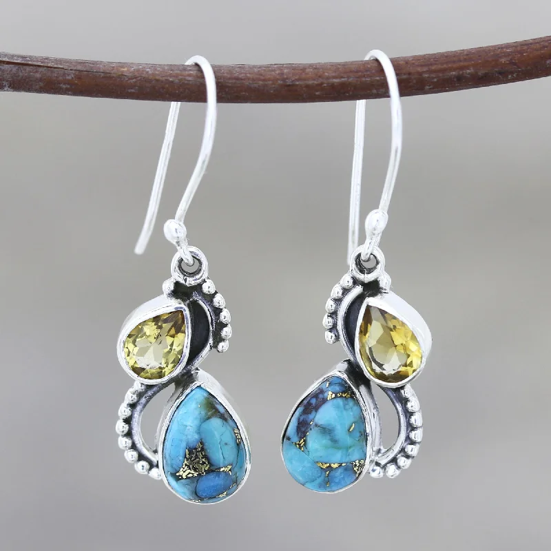 Best hoop earrings with custom designs for a personalized, unique accessory-Two Teardrops Citrine and Composite Turquoise Teardrop Dangle Earrings