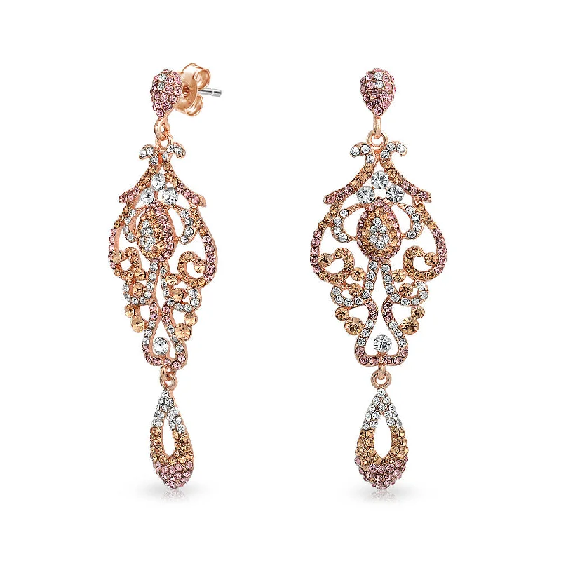 Hoop earrings with intricate designs for a unique and artistic appearance-Vintage Bridal Dangle Earrings Pink Rose Gold Lace Flower Crystal Chandelier