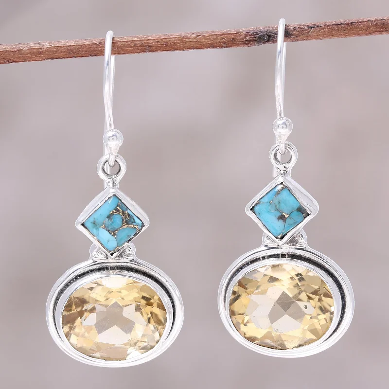 Small hoop earrings for a delicate and understated everyday wear-Watery Gold Nine-Carat Citrine and Composite Turquoise Earrings